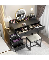 Aheaplus Vanity Desk with Mirror and Lights, Makeup Set 6 Drawers Stool
