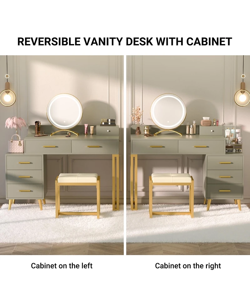 Aheaplus Vanity Desk with Mirror and Lights, Makeup Set 6 Drawers Stool