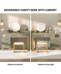 Aheaplus Vanity Desk with Mirror and Lights, Makeup Set 6 Drawers Stool