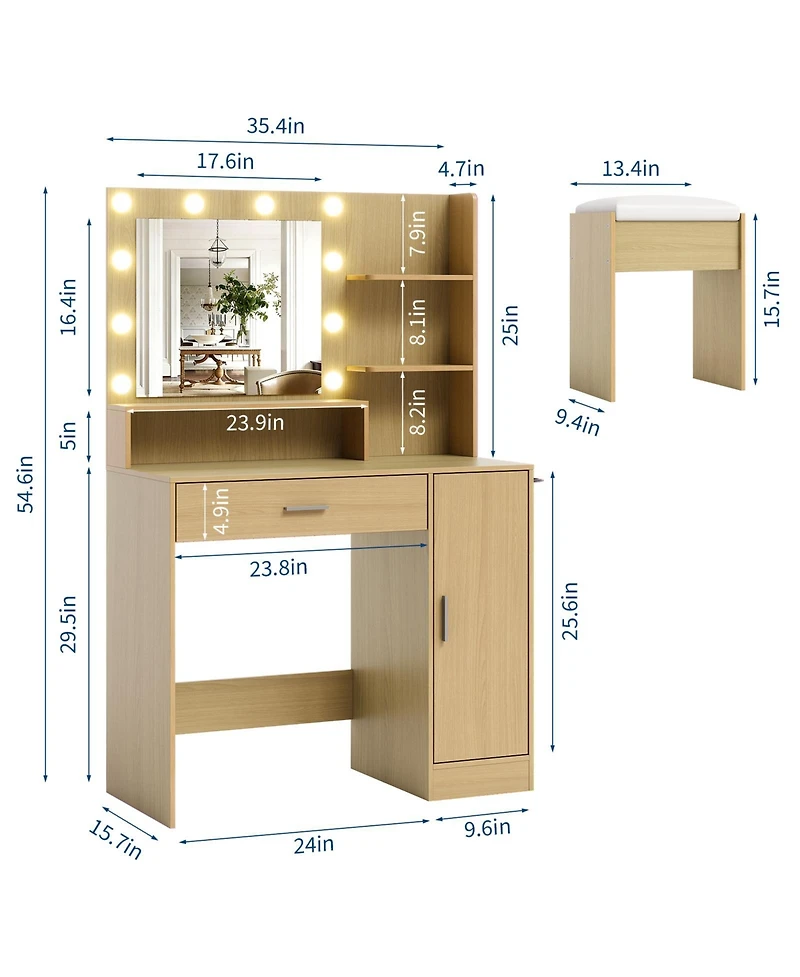 gaomon Vanity Desk with Hd Mirror and 10 Led Bulbs - 3 Adjustable Lighting Modes - Power Outlet and Hairdryer Rack Makeup Vanity Set for Bedroom
