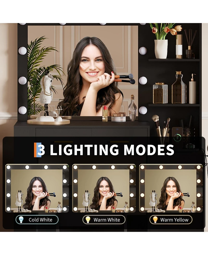 gaomon 41" Large Makeup Vanity Desk with 10-Bulb Mirror and Built-in Outlets - Dressing Table Featuring 3 Color Lighting Modes, 5 Drawers