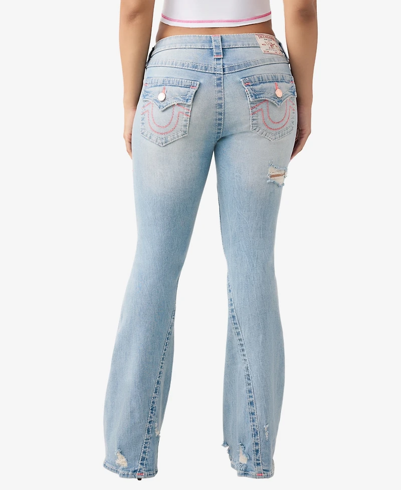True Religion Women's Joey Mid-Rise Flare Big T Flap Jeans
