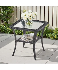 Pocassy Outdoor Side Table - Tempered Glass Wicker Table, Waterproof Patio Coffee Rattan End with Storage