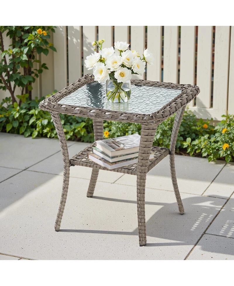 Pocassy Outdoor Side Table - Tempered Glass Wicker Table, Waterproof Patio Coffee Table Rattan End Table with Storage