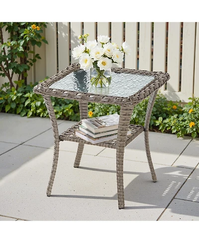 Pocassy Outdoor Side Table - Tempered Glass Wicker Table, Waterproof Patio Coffee Table Rattan End Table with Storage