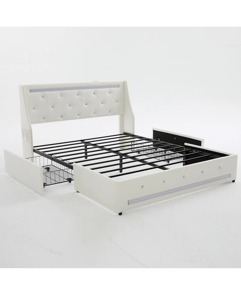 Streamdale Furniture Full Size Upholstered Wingback Bed Frame with Led, Storage and Charging Station