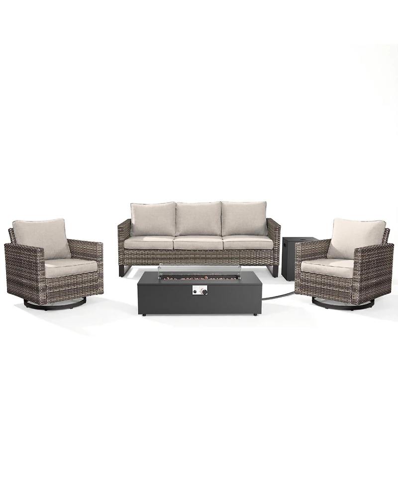 Pocassy Outdoor Patio Furniture Set with Fire Pit Table, Rattan Wicker Swivel Rocker Chairs Sets Glider Chair and Kit