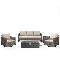 Pocassy Outdoor Patio Furniture Set with Fire Pit Table, Rattan Wicker Swivel Rocker Chairs Sets Glider Chair and Kit