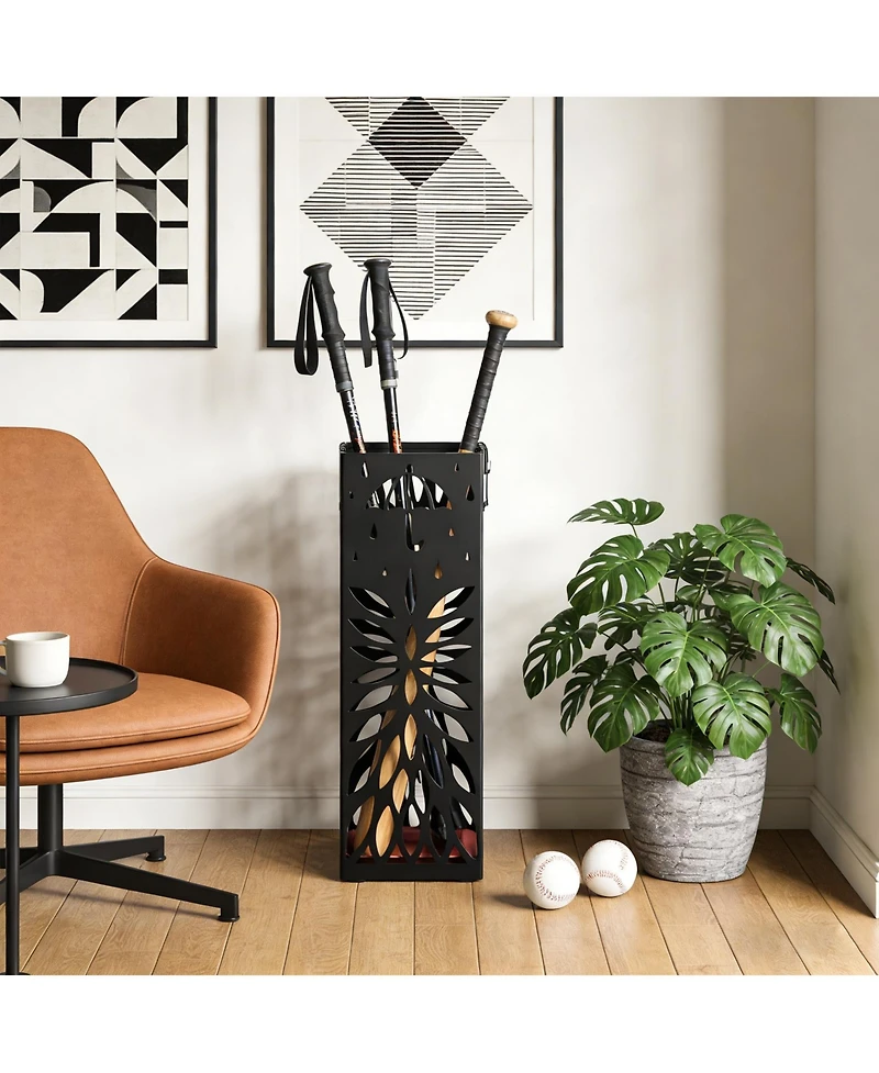 gaomon Square Metal Umbrella Stand, Rust-Resistant Steel, Removable Drip Tray, 4 Hooks, for Entryway and Office