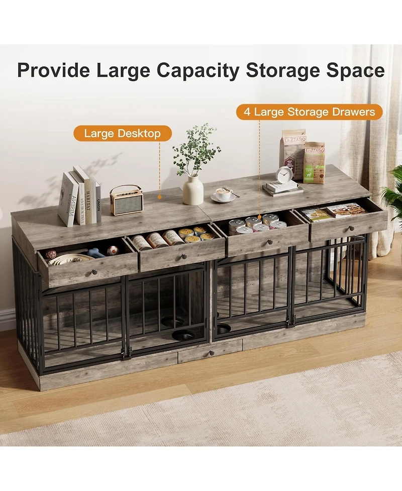 gaomon Dog Crate Furniture for 2 Dogs, Dog Kennel Indoor with 4 Storage Drawers and Feeding Bowls