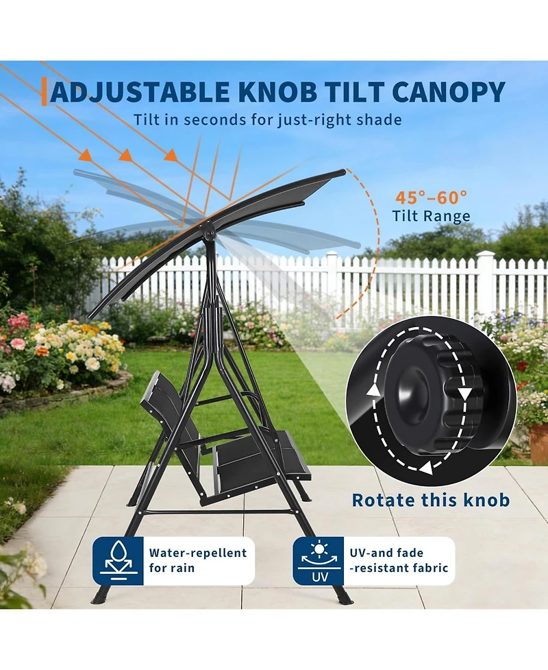 gaomon Porch Swing With Adjustable Canopy For Adults 2-Seat Outdoor Waterproof Textilene And Steel Frame Patio Swing Bench