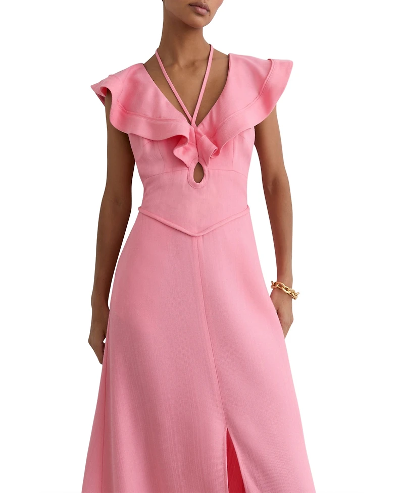 Reiss Women's Ruffle Tie-Neck Keyhole Midi Dress