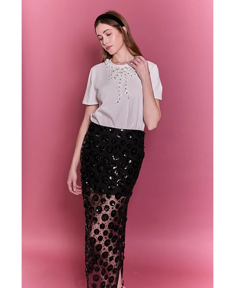 English Factory Women's Flower Sequin Sheer Midi Skirt