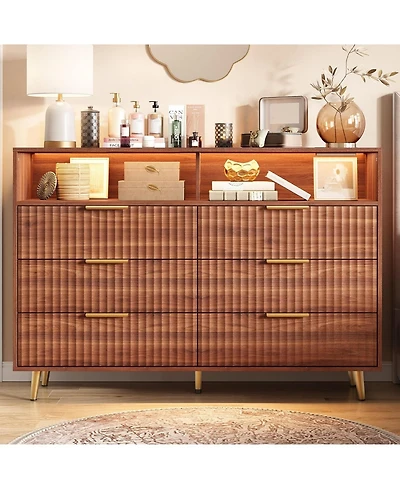 gaomon 6 Drawers Dresser for Bedroom, 53.9" Wide Dressers with Led Lights and Charging Station, Curved Profile Design