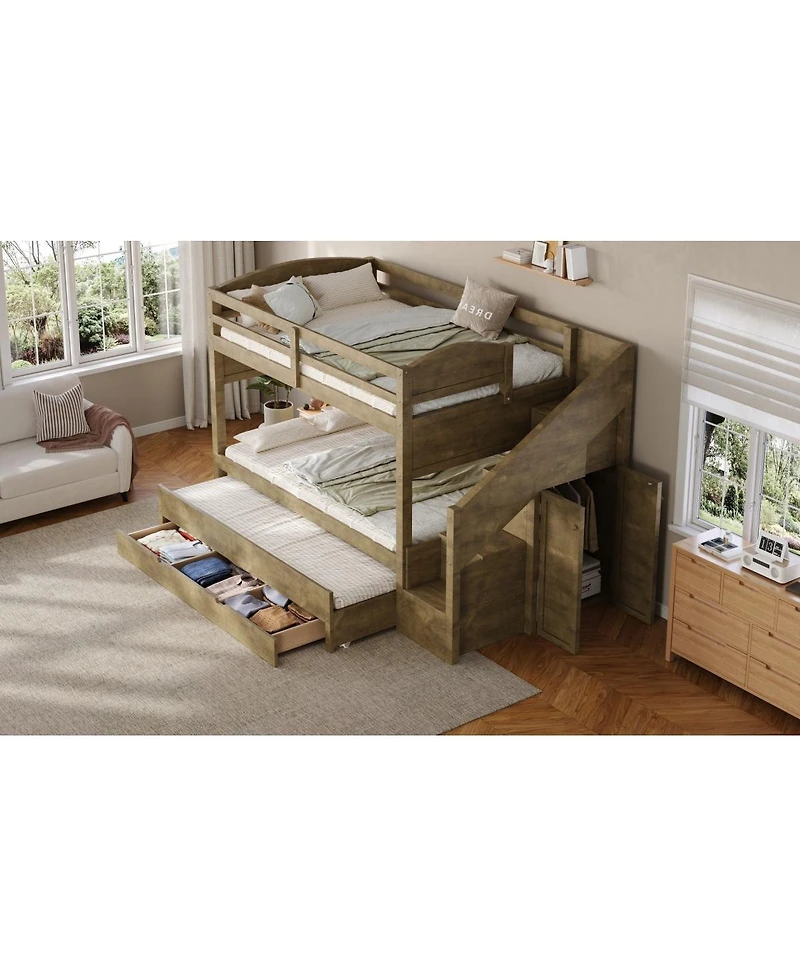 Streamdale Furniture Twin Xl Bunk Bed with Trundle, Storage Drawers, Staircase, and Wardrobe, Walnut
