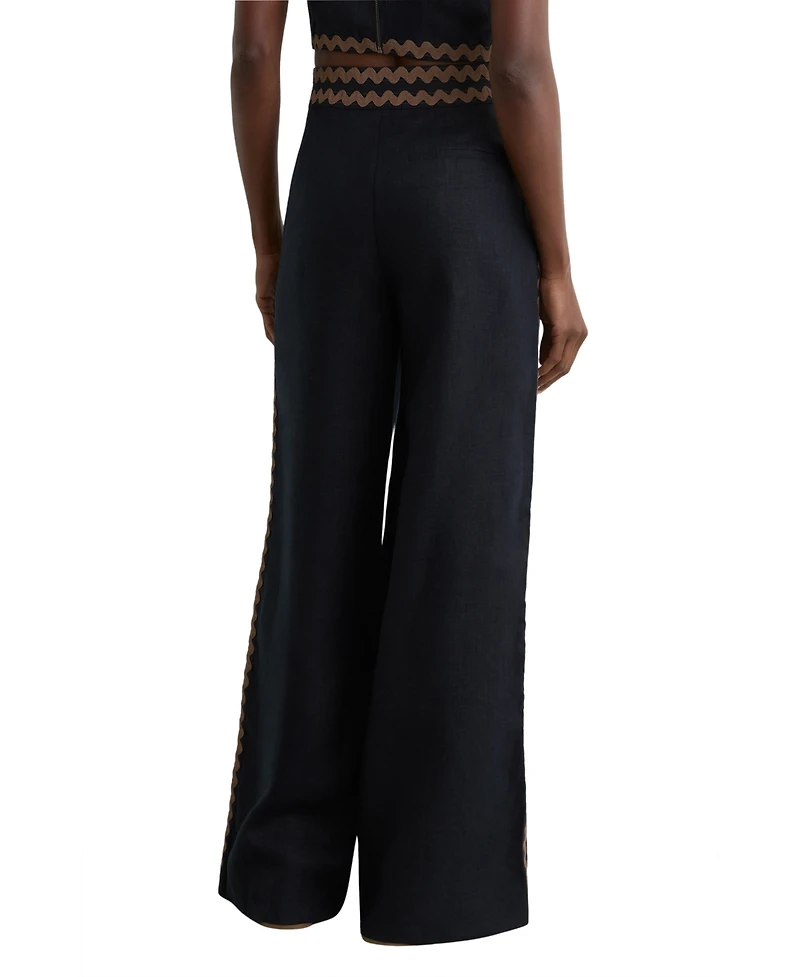 Reiss Women's Linen Wave-Trim Wide-Leg Trousers