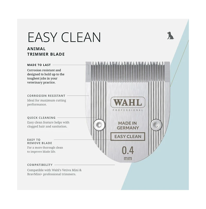 Wahl Pro Animal Easy Clean Trimmer Blade for cat & dog grooming, compatible with Vetiva Mini & BravMini+, 0.4 mm cut length.