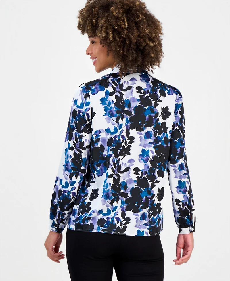 Kasper Petite Long-Sleeve V-Neck Pleated Shoulder Top