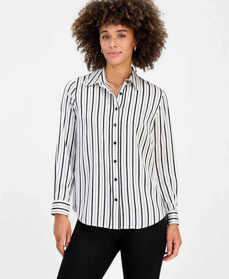 Kasper Petite Printed Long-Sleeve Satin Shirt