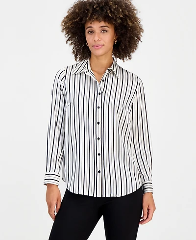 Kasper Petite Printed Long-Sleeve Satin Shirt