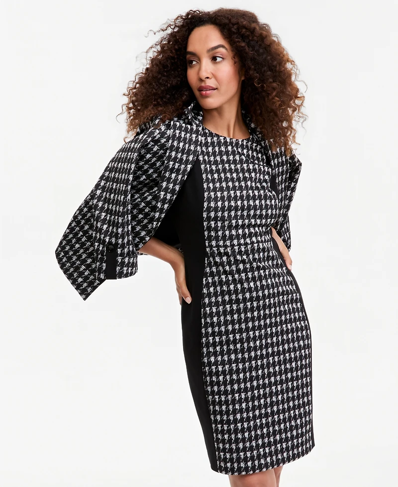 Kasper Petite Houndstooth 3/4-Sleeve Notch Collar Open Seamed Blazer