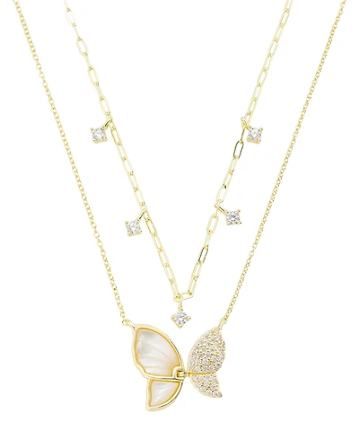 Unwritten Imitation Pearl and Cubic Zirconia Butterfly Pendant Duo Necklace Set