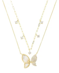 Unwritten Imitation Pearl and Cubic Zirconia Butterfly Pendant Duo Necklace Set