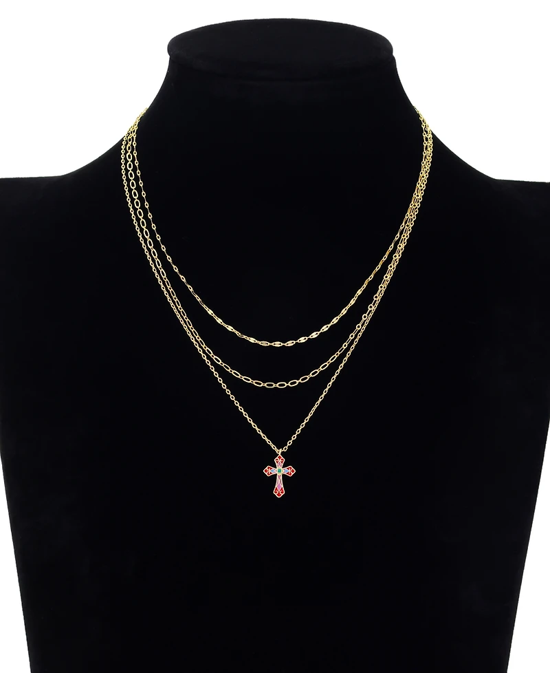 Unwritten Gold-Tone Plated Enamel Cross Pendant Trio Necklace Set