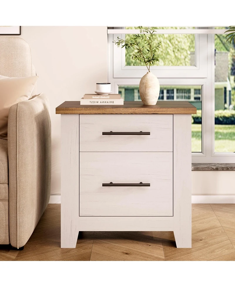 homfan Farmhouse Nightstand with 2 Drawers, Space Saving End Table for Bedroom and Living Room, Supports 170 Lbs