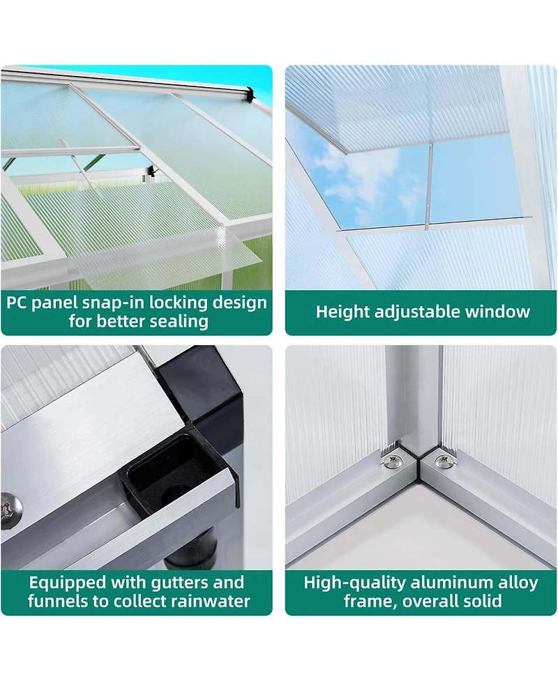 gaomon 6x10 feet Walk-In Greenhouse, Polycarbonate Panels, Adjustable Roof Vent & Sliding Door, Aluminum Frame, Garden & Patio