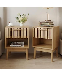 homfan Boho Nightstand with Drawer Set of 2, Modern Compact Wood Side Table with Open Storage Shelf, Small End Table for Bedroom, Living Room and Dorm