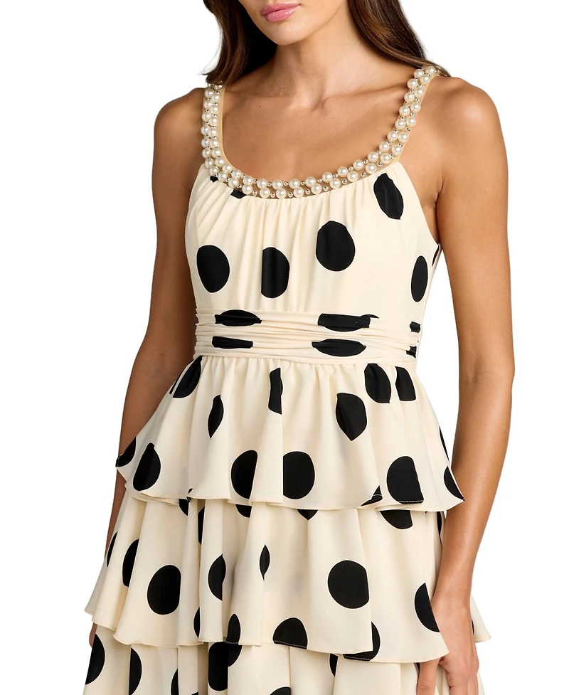 Mac Duggal Women's Polka Dot Charmeuse Scoop Neck Ruffle Midi Dress