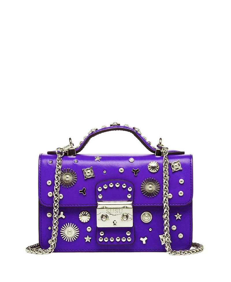 Susu Womens Royal Blue Purple Leather Studded Mini Crossbody Bag Structured Top Handle Satchel with Buckle Closure