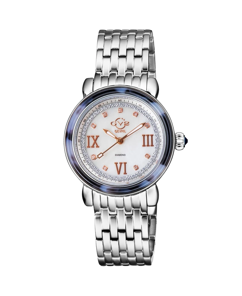 GV2 by Gevril Women's Marsala Tortoise Swiss Quartz Diamond Silver Stainless Steel Bracelet Watch