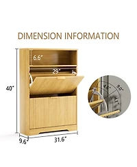 Rainsken Fluted Shoe Cabinet, Modern Wood Shoe Storage Organizer, Hidden Entryway Shoe Rack with 2 Flip Drawers and Open Shelf for Hallway