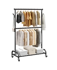 Ecooso Rolling Clothes Rack with Wheels, Adjustable Crossbar, Side Hooks, 150 lb Capacity, Heavy-Duty Carbon Steel Garment Rack