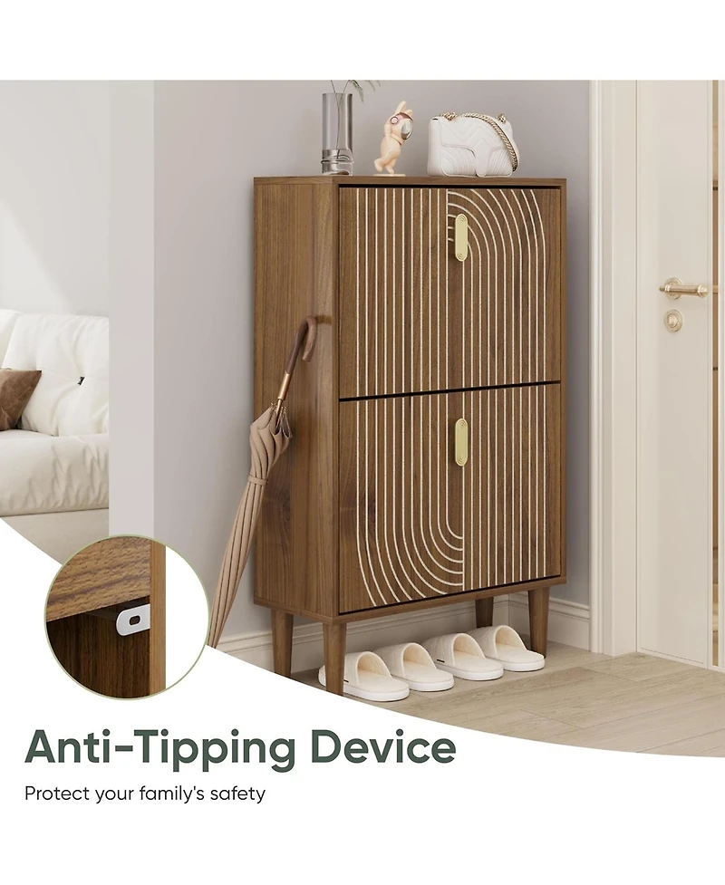 Rainsken Shoe Storage Cabinet, Walnut Hidden Shoe Rack with 2 Flip Drawers, Line Groove Design and Gold Handles for Entryway, Hallway and Living Room