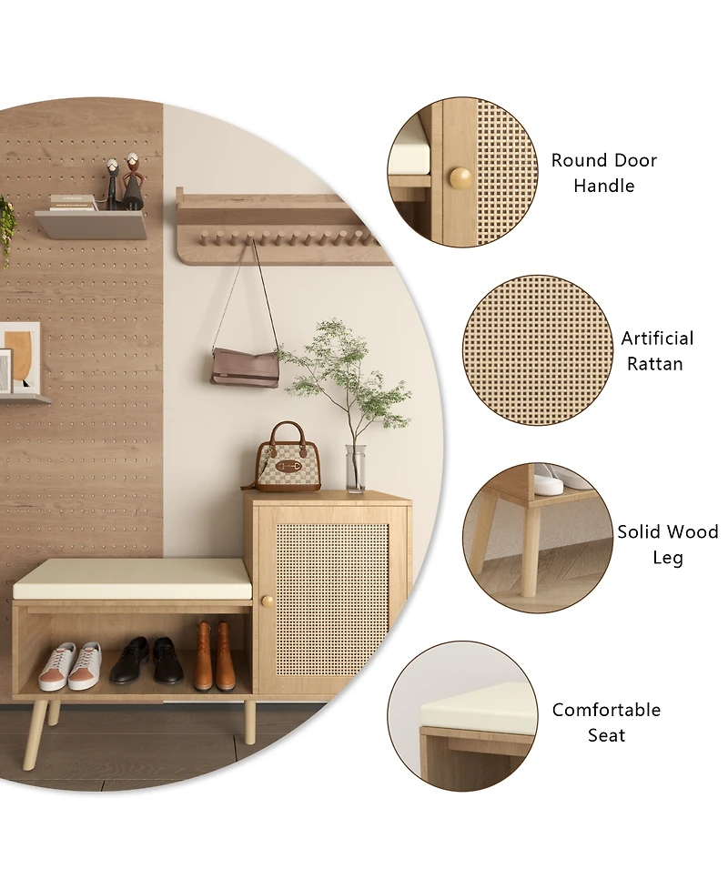 Rainsken 2-in-1 Shoe Storage Bench, Rattan Shoe Cabinet with Adjustable Shelves and Removable Seat Cushion, Hidden Shoe Rack Organizer for Entryway