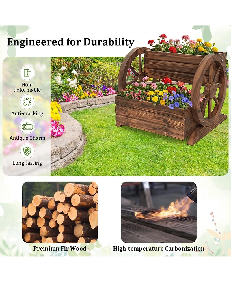 Sugift 2-Tier Raised Garden Bed Rustic Wood Wagon Shape with Drainage Holes and Wheels-Coffee