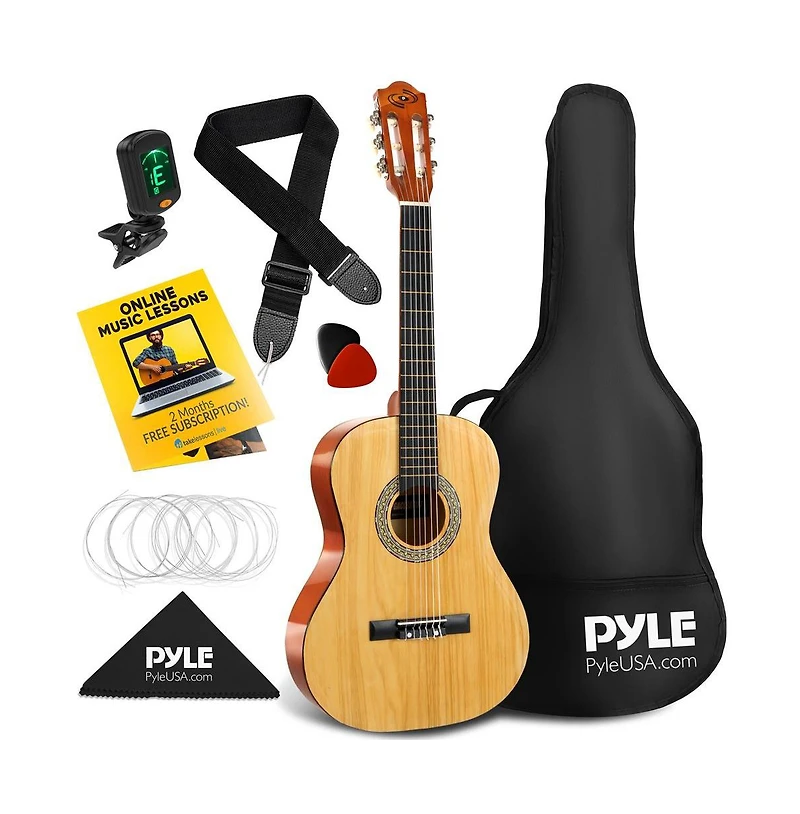 Pyle 36" Left-Handed Classical Guitar Kit - Includes Digital Tuner, Gig Bag, and Accessories, Natural Finish (PGACLS82LFT)