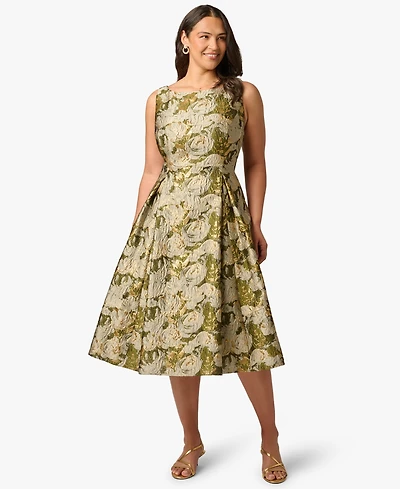 Adrianna Papell Plus Floral Jacquard Boat Neck Midi Dress