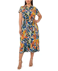 Msk Plus Belted Collared Short-Sleeve Midi Dress