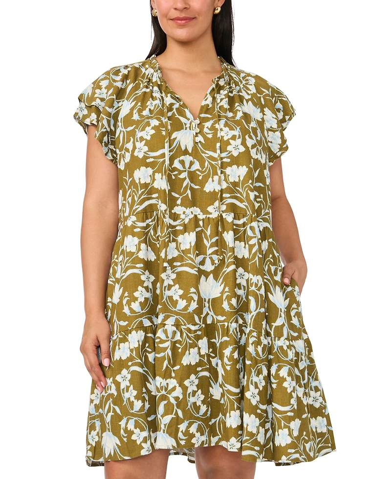 Msk Plus Split Tie Neck Short-Sleeve A-Line Dress