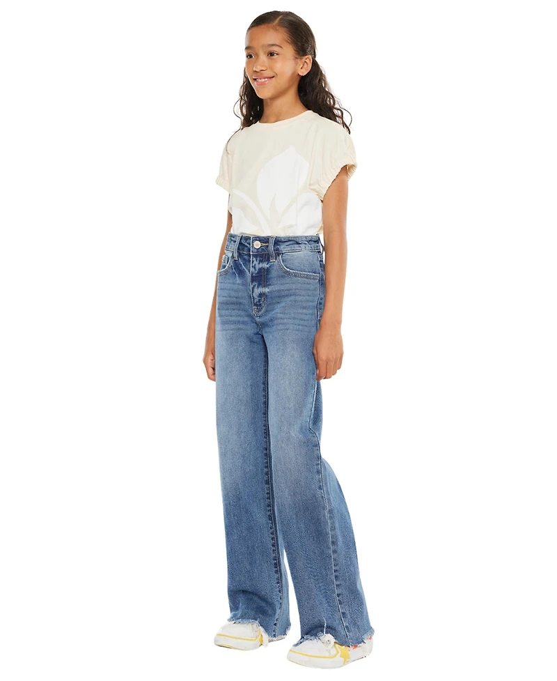 KanCan Girl's Kitty High Rise Slim Wide Leg Hem Detail Jeans