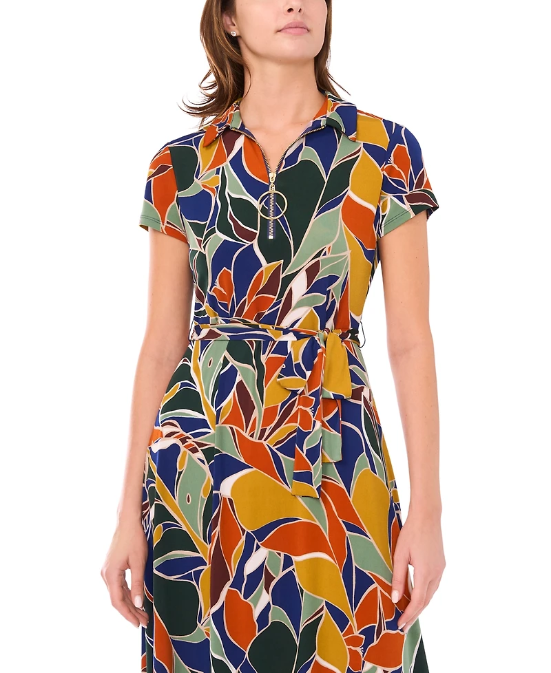 Msk Petite Short-Sleeve Collared Belted Midi Dress