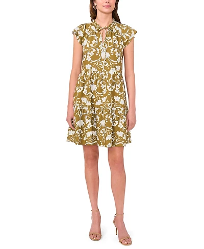 Msk Petite Split Tie Neck Flutter-Sleeve Printed Dress