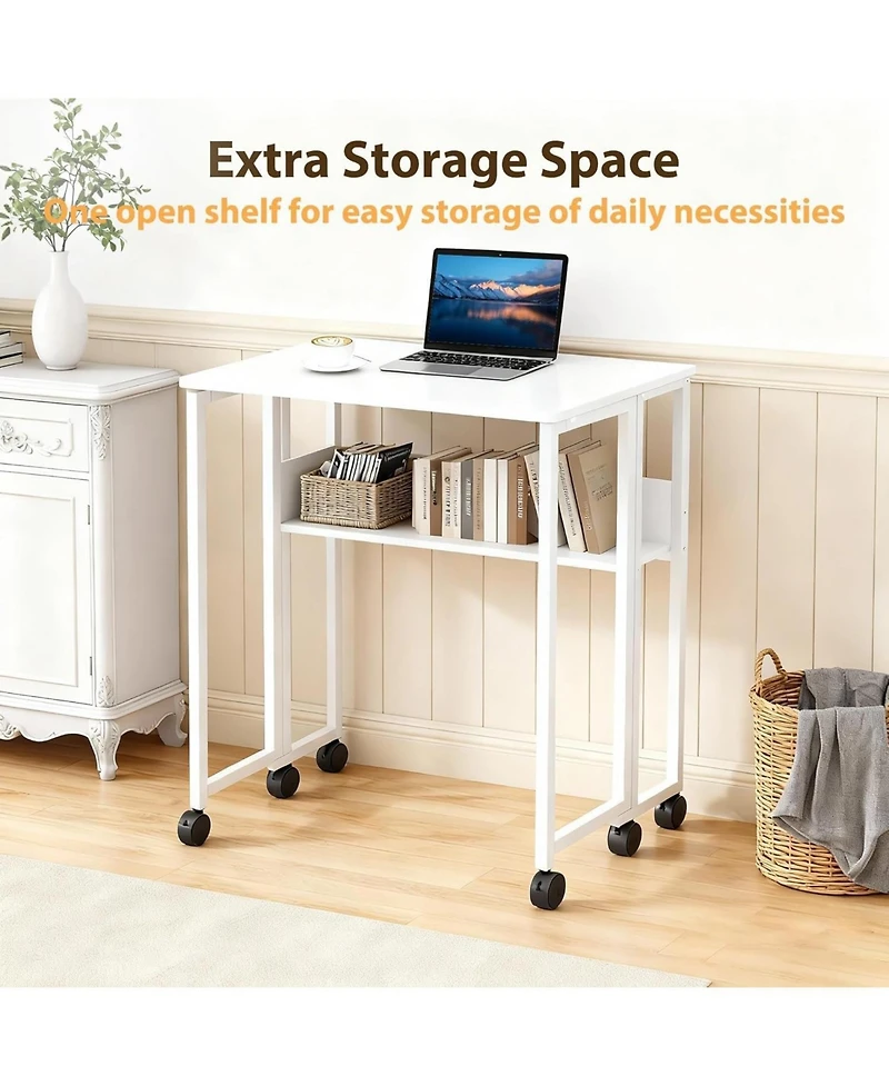 gaomon 24.8 Inch Folding Rolling Desk with Storage Shelf, Space-Saving Portable Computer Table for Small Spaces