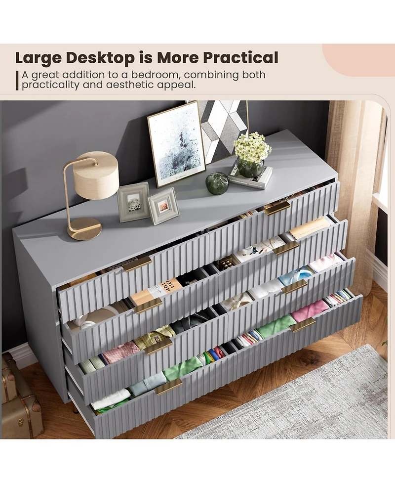 gaomon 8 Drawer Fluted Wood Dresser with Gold Legs, Wide Storage for Bedroom