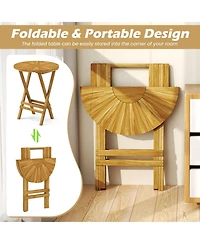 Clihome Patio Teak Wood Round Folding Side Table with Slatted Top & X-Frame, No Assembly Required