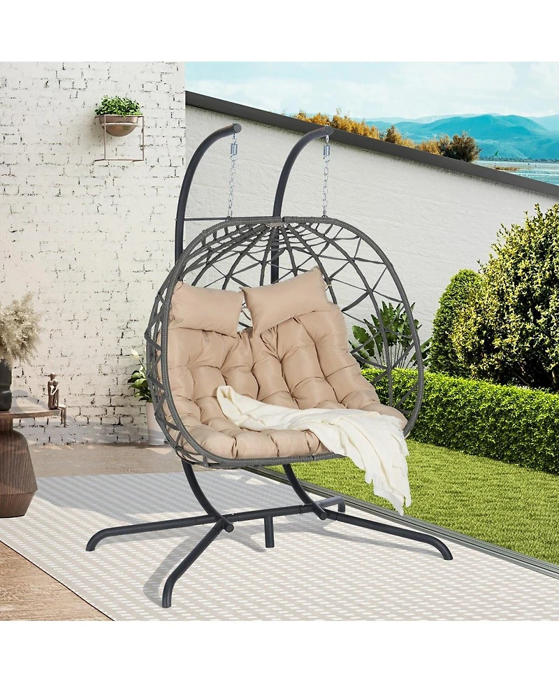 Asagikoiai Outdoor Double Egg Chair with Stand and Cushions, Hanging Wicker Patio Swing